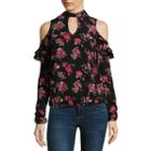 Self Esteem Long Sleeve Mock Neck Woven Floral Blouse-juniors