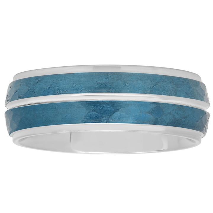 Mens Blue Ip Hammered Striped Stainless Steel Wedding Band