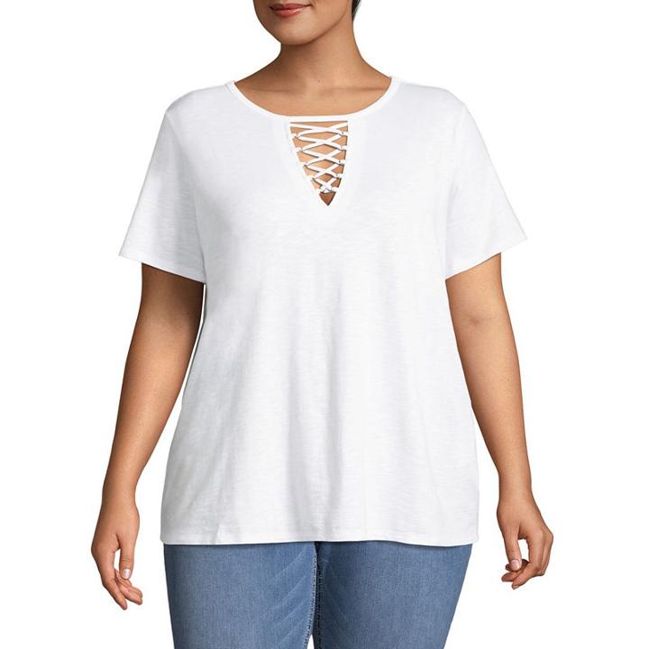 Boutique + Short Sleeve Lace Up T-shirt-womens Plus