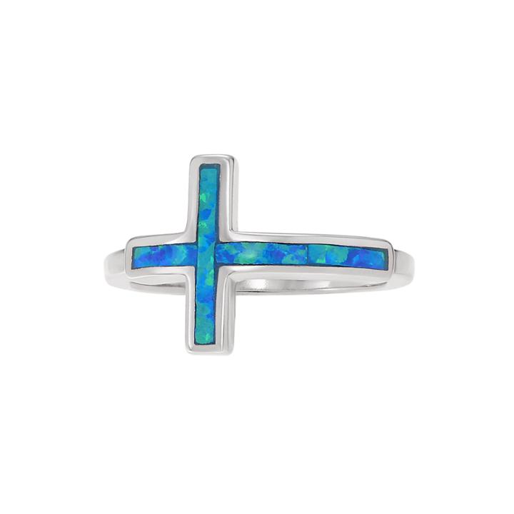 Simulated Blue Opal Sterling Silver Cross Ring