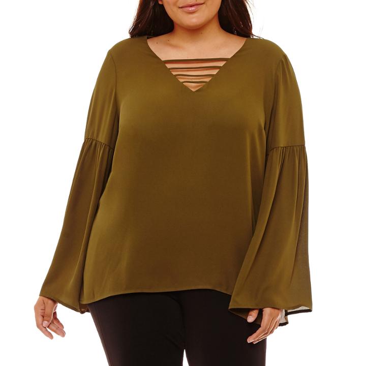 Belle + Sky Long Sleeve Scoop Neck Woven Blouse-plus