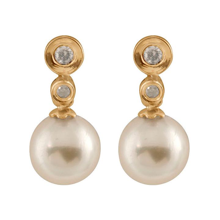 Diamond Accent Genuine White Cultured Akoya Pearls 14k Gold Round Drop Earrings