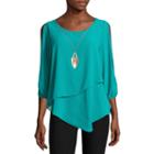 By & By Split-elbow-sleeve Pointed-hem Knit-to-woven Top With Necklace - Juniors