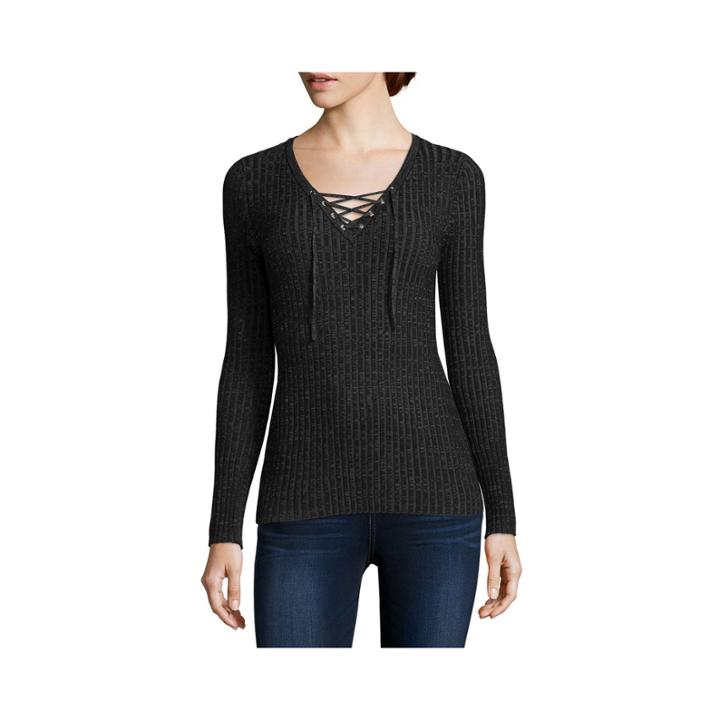 Arizona Long-sleeve Ribbed Lace-up Sweater - Juniors