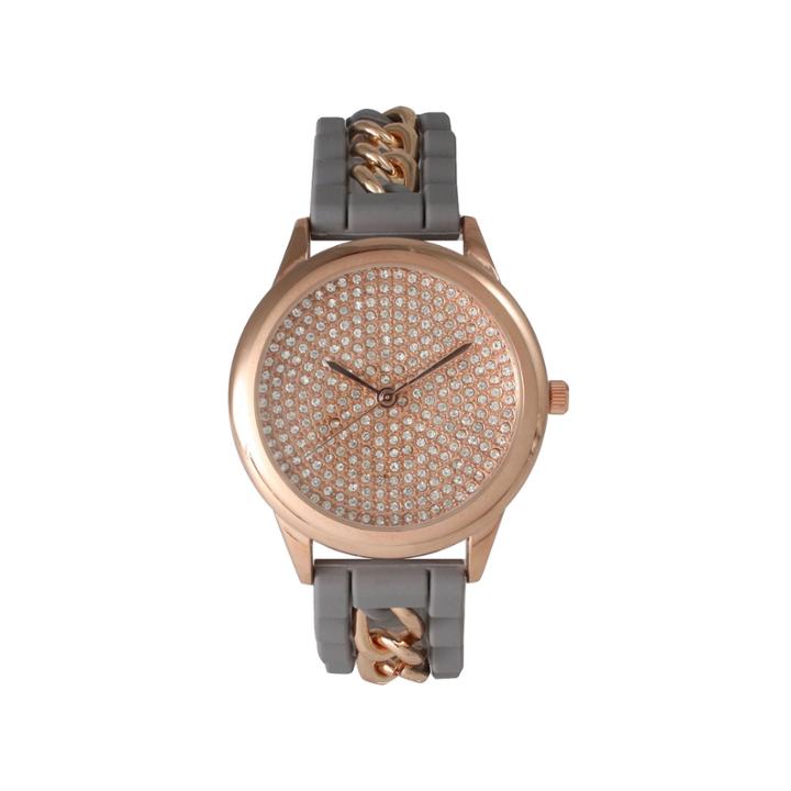 Olivia Pratt Womens Rose Gold-tone Rhinestone Dial Grey Silicone Band With Chainlink Accents Watch 8213
