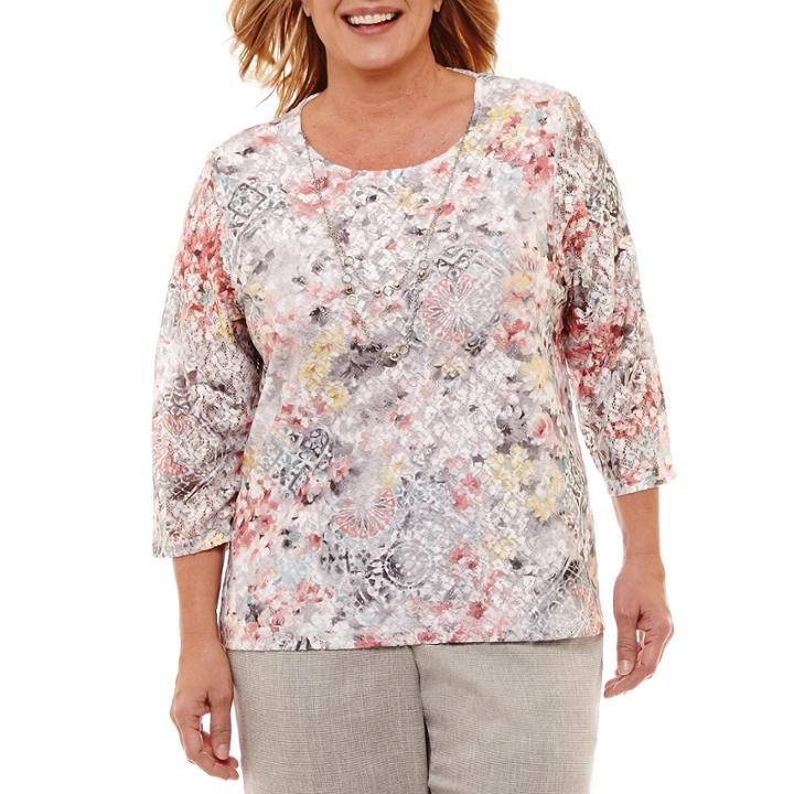Alfred Dunner Lakeshore Drive 3/4 Sleeve Crew Neck Floral T-shirt-womens Plus
