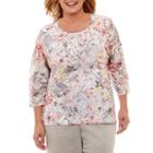 Alfred Dunner Lakeshore Drive 3/4 Sleeve Crew Neck Floral T-shirt-womens Plus