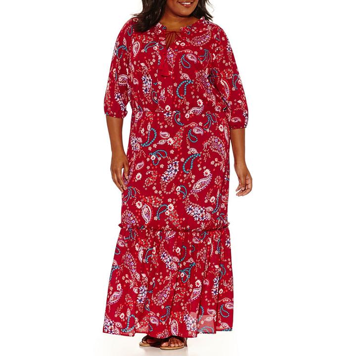 Boutique + Tie Neck 3/4 Sleeve Maxi Dress - Plus