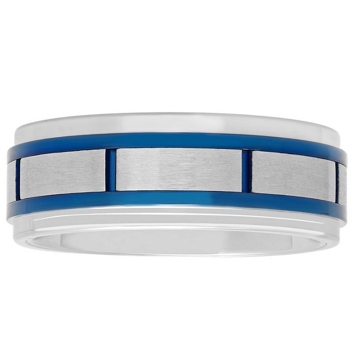 Mens Stainless Steel Blue Ip With Brick Pattern Wedding Band