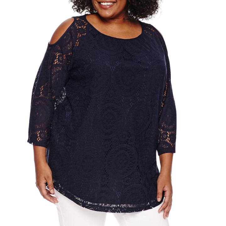 Worthington 3/4 Sleeve Cold Shoulder Lace Blouse-plus