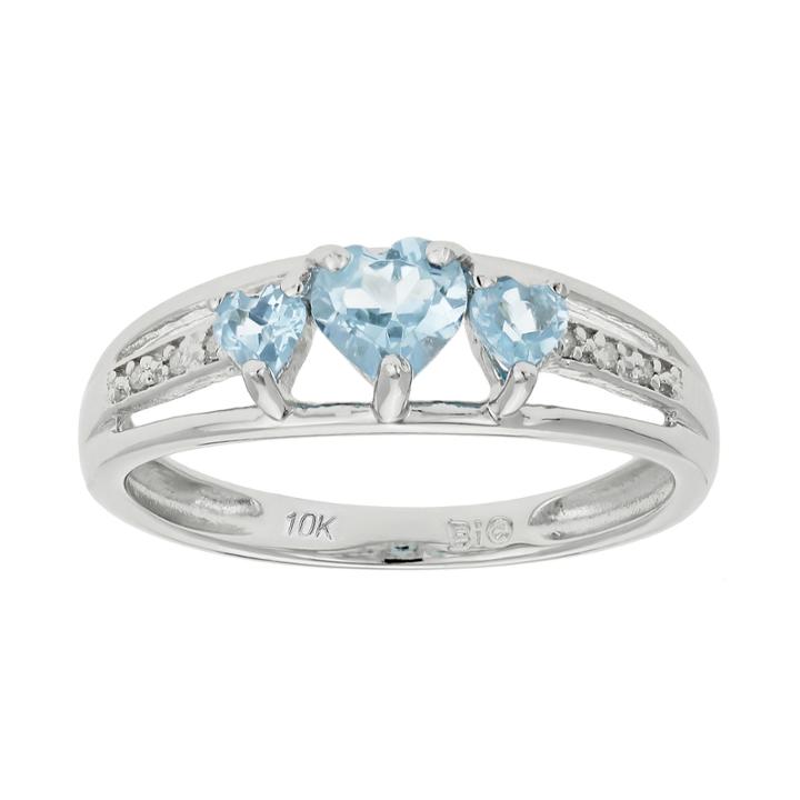 Simulated Aquamarine & Diamond-accent Heart-shaped 3-stone 10k White Gold Ring