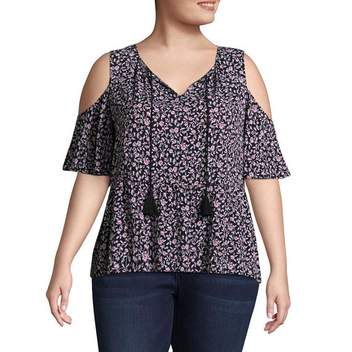 A.n.a Short Sleeve Cold Shoulder Floral Peasant Blouse - Plus