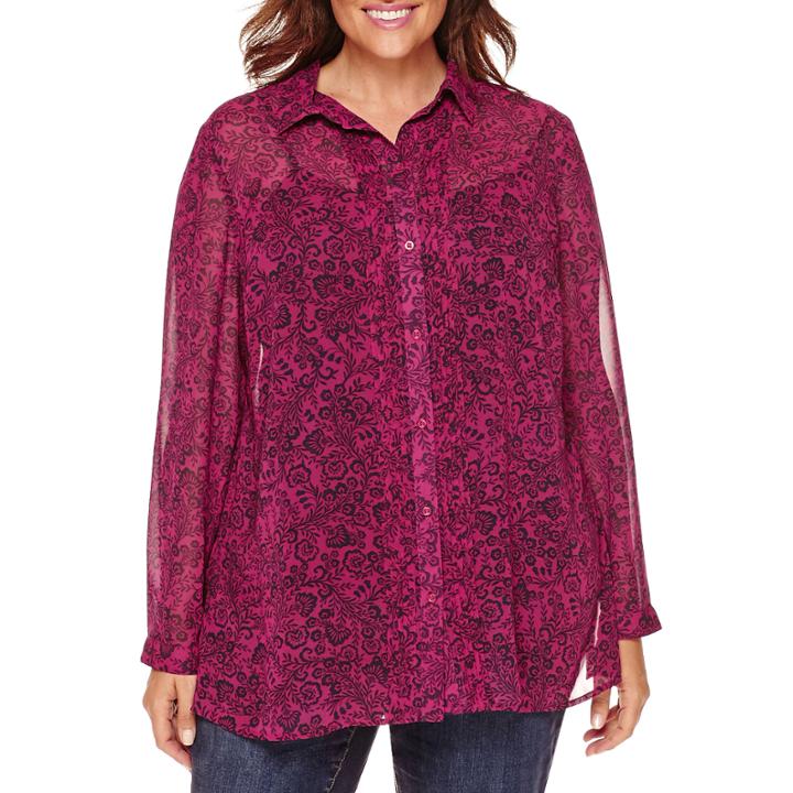 St. John's Bay Long-sleeve Pointed-collar Chiffon Tunic - Plus