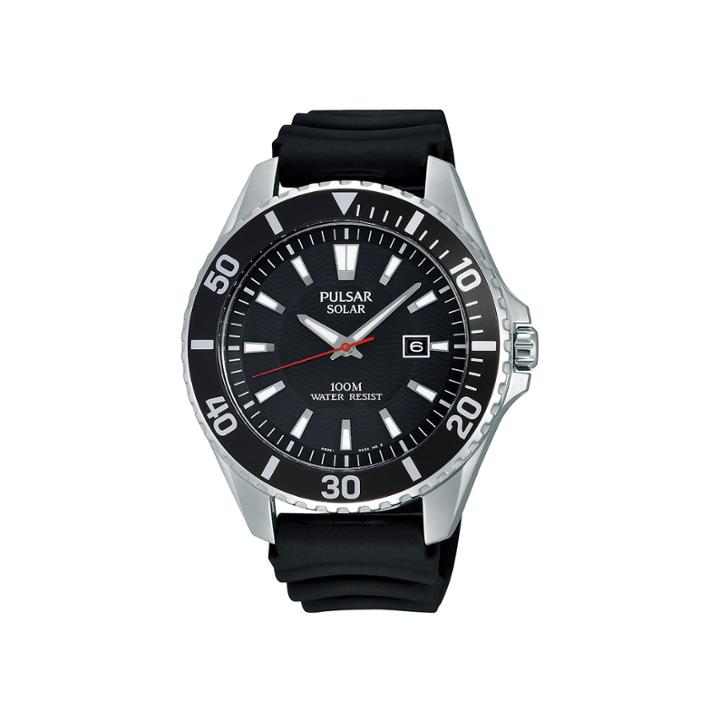 Pulsar On The Go Mens Black Silicone Strap Solar Watch Px3037