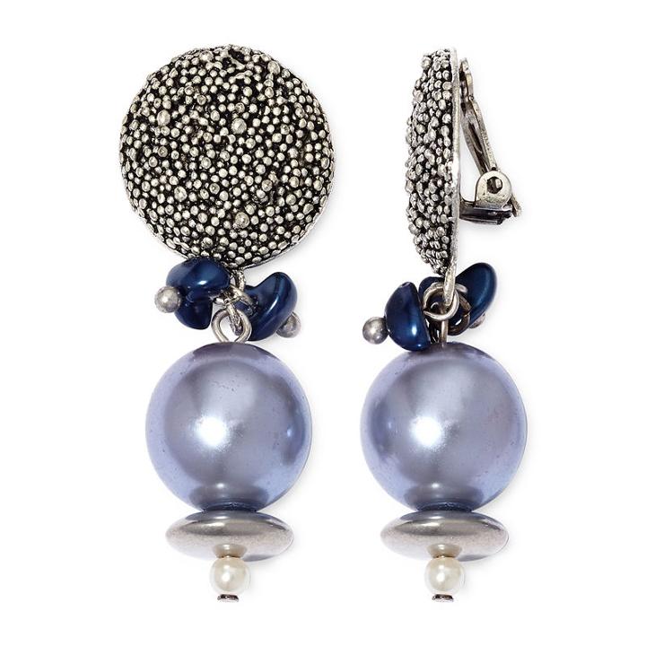 Aris By Treska Blue Bead Silver-tone Clip-on Earrings