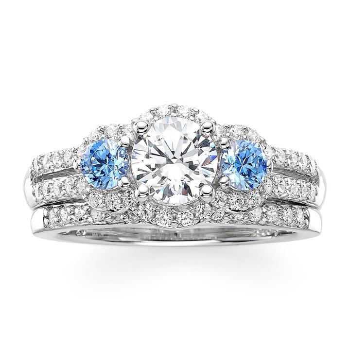 Diamonart White And Blue Cubic Zirconia Sterling Silver 3-stone Bridal Ring Set