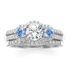 Diamonart White And Blue Cubic Zirconia Sterling Silver 3-stone Bridal Ring Set