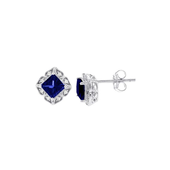 Diamond Accent Princess Blue Sapphire 14k Gold Stud Earrings