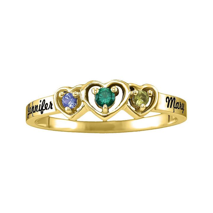 Womens Simulated Stone Multi Color 10k Gold Heart 3-stone Ring