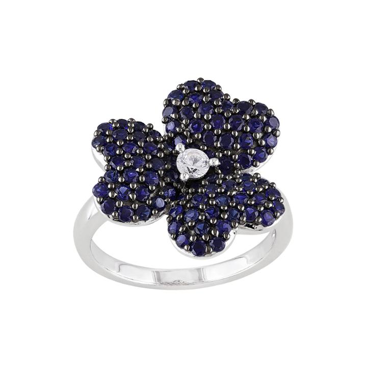 Lab-created Blue And White Sapphire Heart-shaped Flower Ring