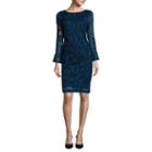Tiana B. Long Bell-sleeve Foulard Lace Sheath Dress