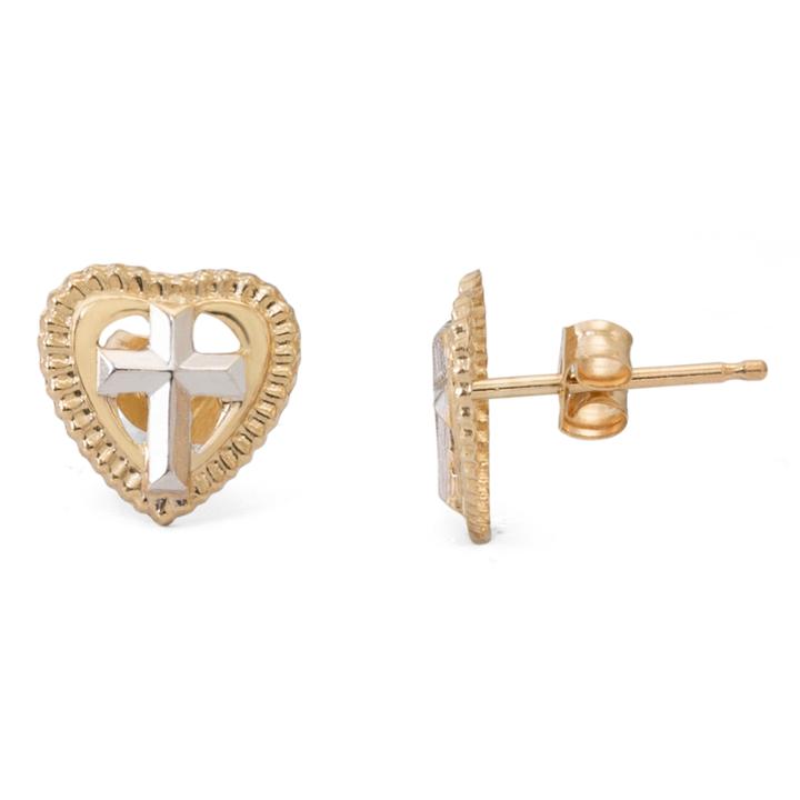 14k Yellow Gold Cross Heart Stud Earrings