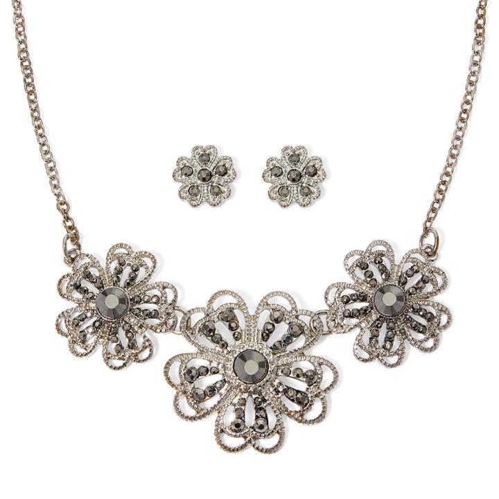 Liz Claiborne Marcasite Silver-tone Flower Earring And Necklace Set