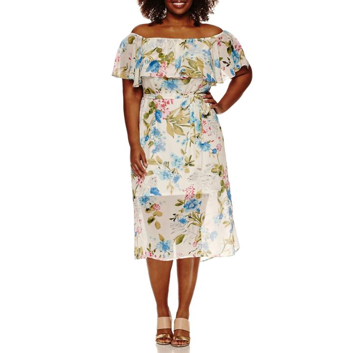 Studio 1 Short Sleeve Off The Shoulder Tie Waist Fit & Flare Dress-plus