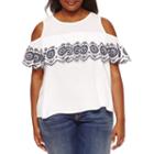Boutique + Short Sleeve Cold Shoulder Embroidered Woven Blouse-plus