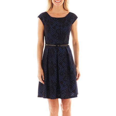 Tiana B. Cap-sleeve Belted Fit-and-flare Dress