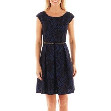 Tiana B. Cap-sleeve Belted Fit-and-flare Dress