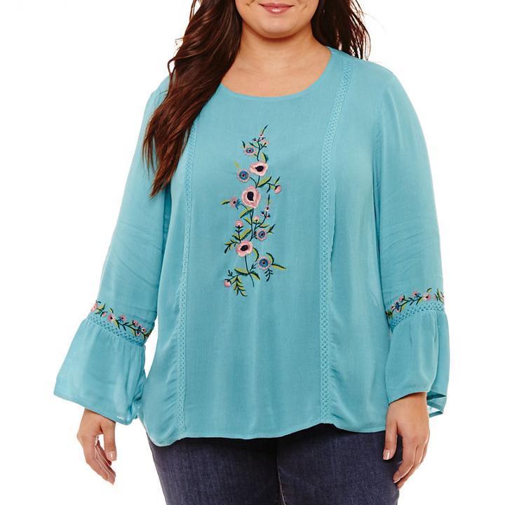 St. John's Baylong Sleeve Inset Lattice Embroidered Blouse - Plus