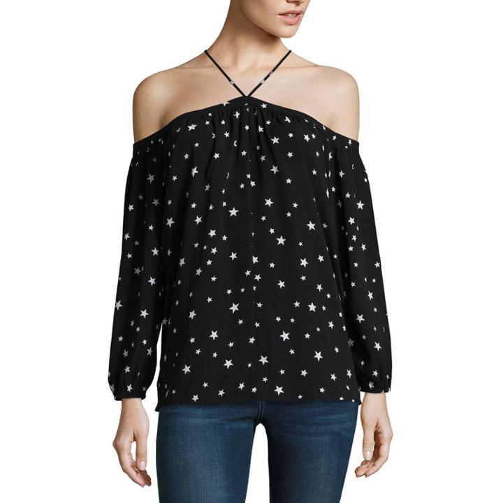 Miss Chievous Long Sleeve Y Neck Woven Star Blouse-juniors