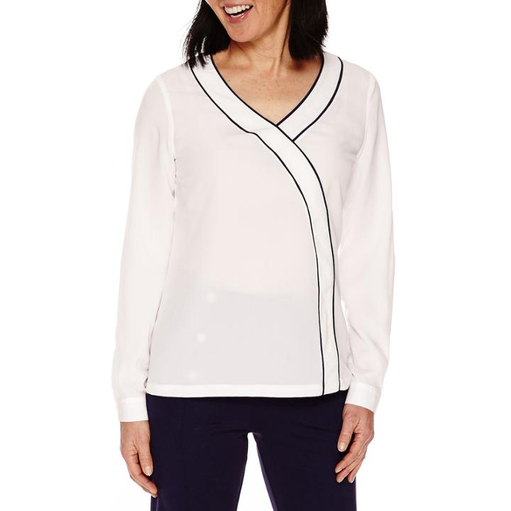 Sag Harbor Long Sleeve V Neck Woven Blouse