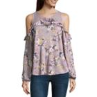 Almost Famous Long Sleeve Y Neck Satin Ruffled Blouse-juniors