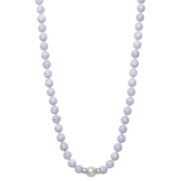 Womens 9.5m Blue Agate Cultured Freshwater Pearls Sterling Silver Round Strand Necklace