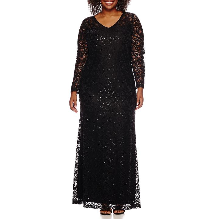 Blue Sage V-neck Long-sleeve Lace Gown - Plus