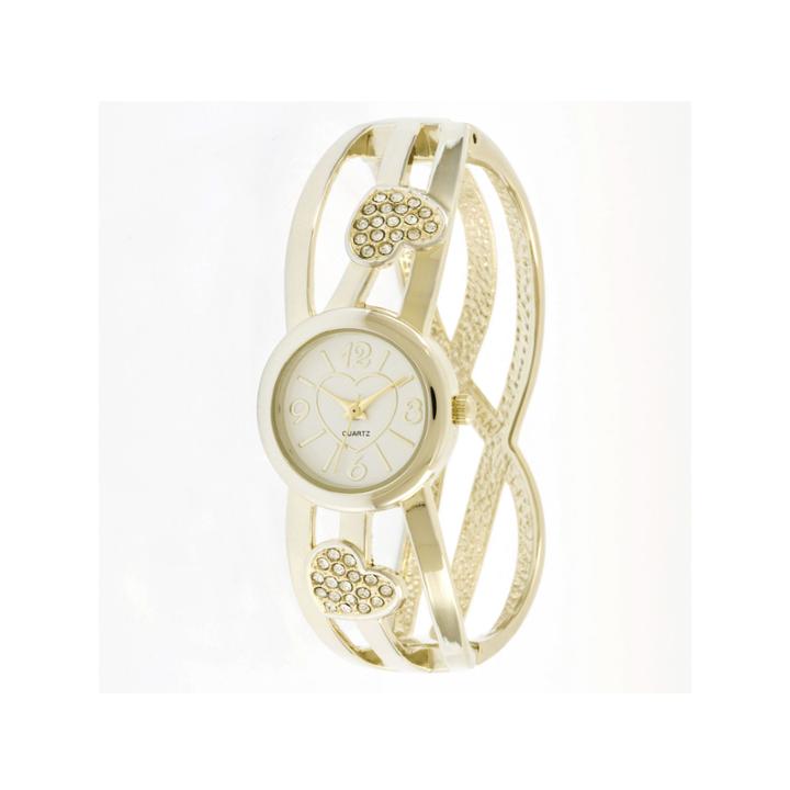 Elgin Womens Crystal-accent Gold-tone Heart Hinged Bangle Watch