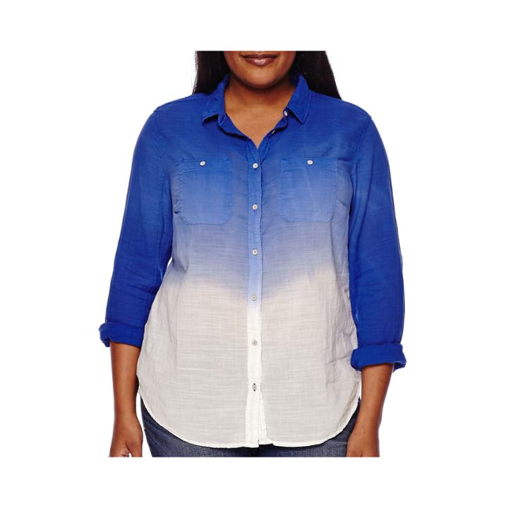 Stylus&trade; Long-sleeve Dip-dyed Gauze Shirt - Plus