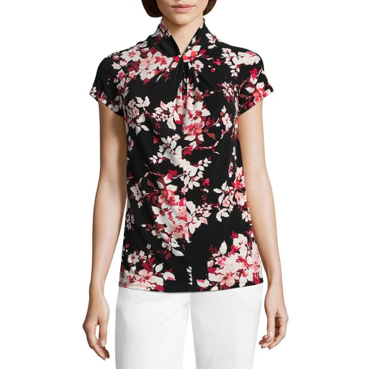 Liz Claiborne Short Sleeve Twist Neck Floral Blouse