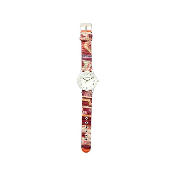 Olivia Pratt Womens Silver-tone Faux Mop Dial Red-orange Patterned Fabric Strap Watch 10352tr