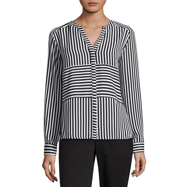 Worthington Long Sleeve Draped Neck Woven Blouse