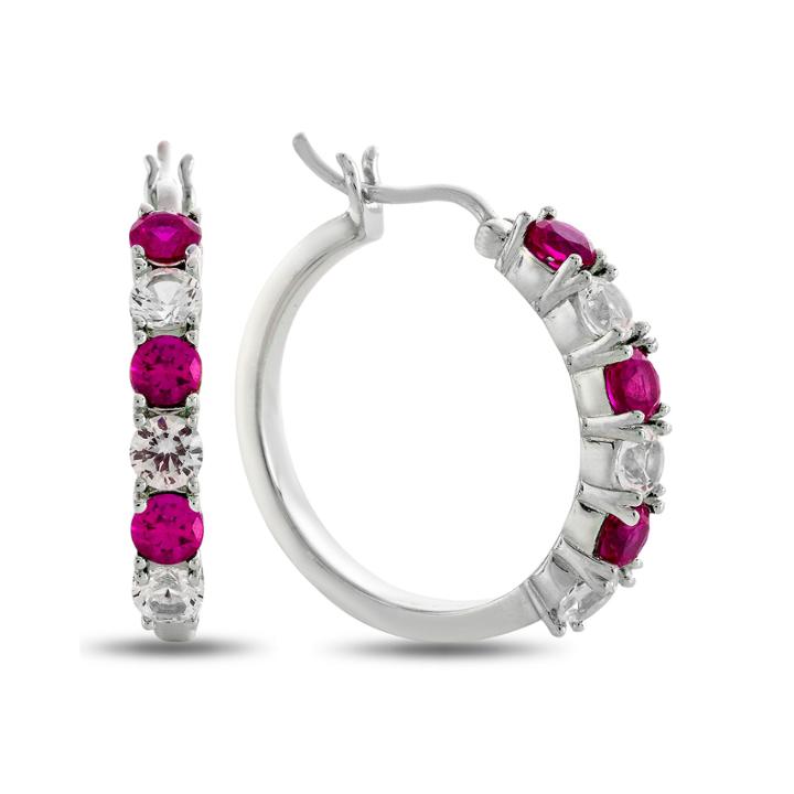 Lab-created Ruby & Lab-created White Sapphire Sterling Silver Hoop Earrings