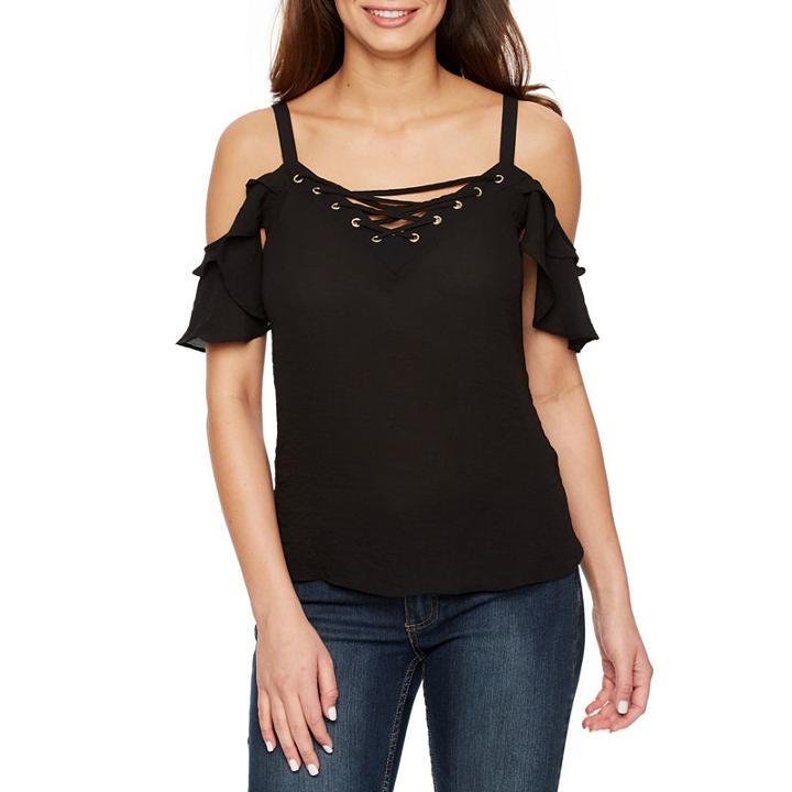 Bold Elements Short Sleeve Cold Shoulder Lace Up Top