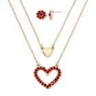 Monet Gold-tone Red Crystal Heart Pendant Necklace And Earrings Boxed Set