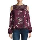 Rewind Long Sleeve Scoop Neck Satin Lace Blouse-juniors