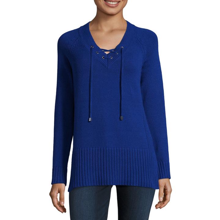 Liz Claiborne Long Sleeve Lace-up Pullover Sweater