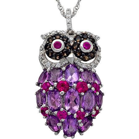 Sterling Silver Multi-gemstone Owl Pendant Necklace