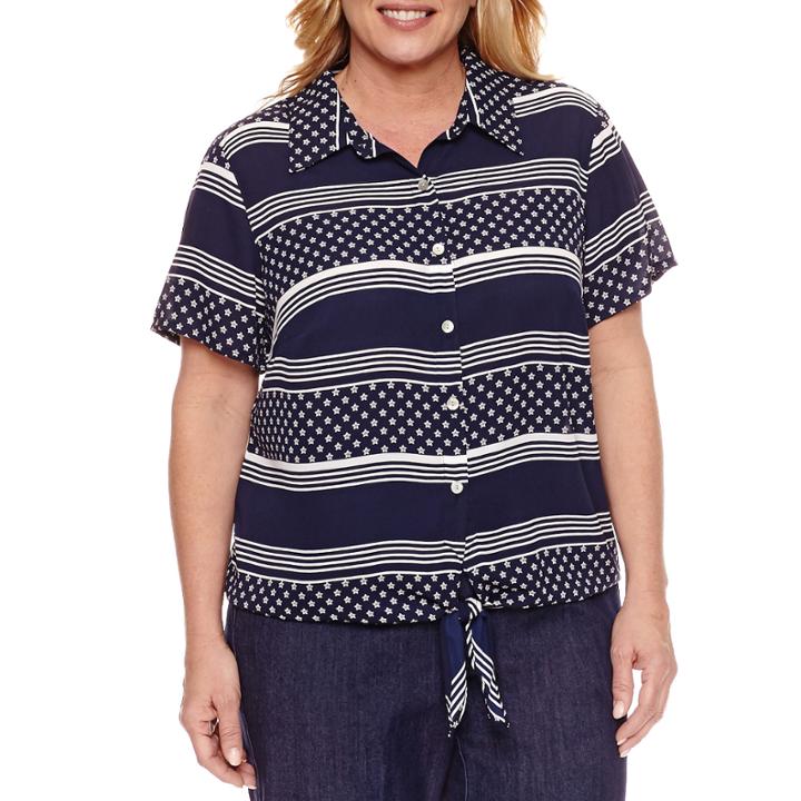 Alfred Dunner Short Sleeve Button Down Stripe Blouse-plus
