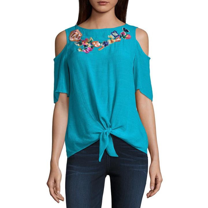 Alyx Short Sleeve Round Neck Cold Shoulder Woven Blouse